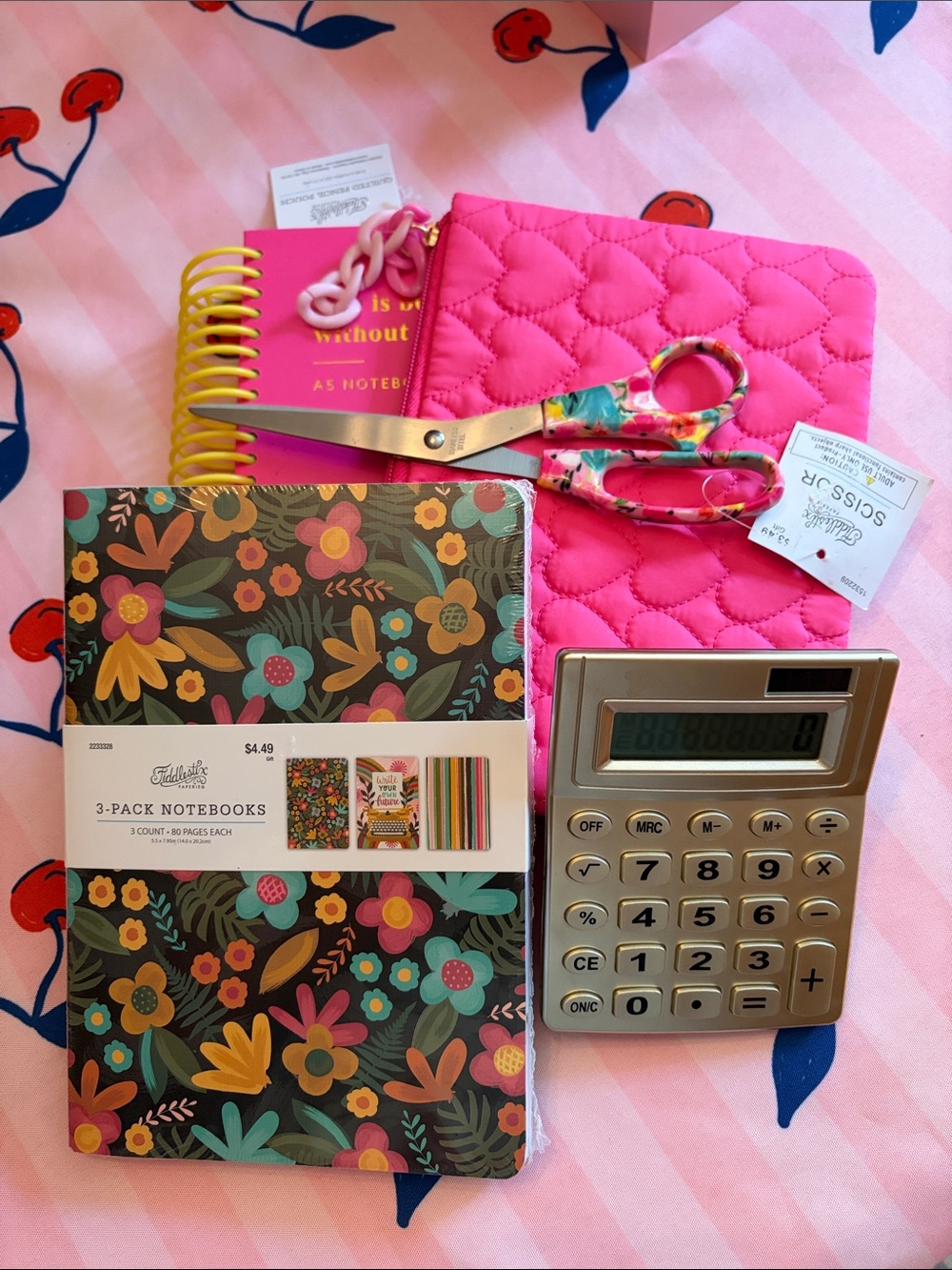 Adorable office or student bundle. Notebooks, scissors, calculator, pouch.